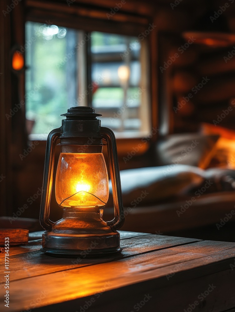 Poster vintage lantern casting a warm glow in a cozy rustic cabin setting
