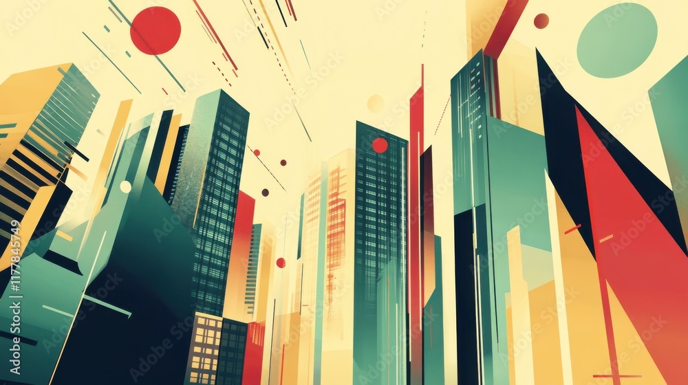 Poster abstract depiction of tall office buildings with vibrant colors and geometric patterns in a modern c