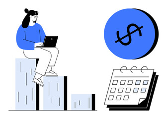 Woman using a laptop while sitting on bar graph steps, large dollar sign in background, calendar below. Ideal for financial planning, investment, growth, budget management, productivity, time