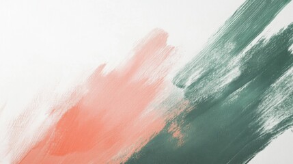 Abstract composition featuring soft brush strokes in shades of green and coral against a white background