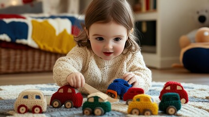 Fototapeta premium Baby Playing with Colorful Toys at Home for Development and Learning