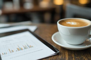 tablet displaying graphs on wooden desk next to cup of coffee in cozy workspace. setting suggests relaxed yet productive environment, ideal for work or study