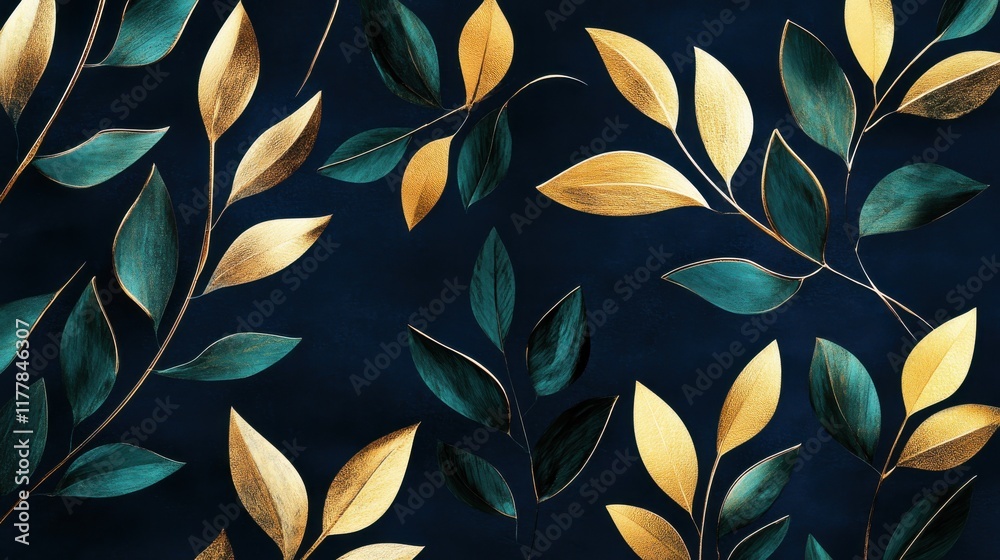 Aufkleber abstract branches featuring glossy metallic gold leaves on a dark background create a modern and ele