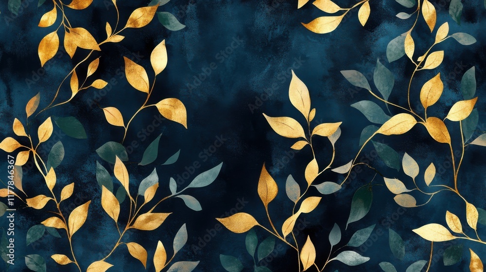Poster glossy metallic gold branches intertwine with elegant foliage against a dark textured background