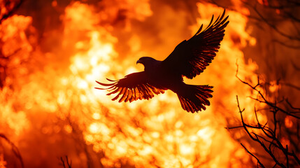 Fototapeta premium A fiery phoenix rising from ashes, with a glowing red and orange aura as the background, during an epic rebirth