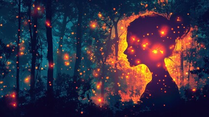 Obraz premium Vibrant silhouette of a woman surrounded by glowing fireflies in a mystical forest at twilight