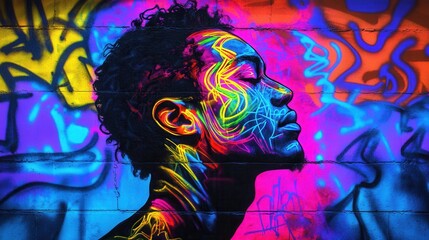 Vibrant portrait of a man illuminated with colorful graffiti in an urban setting