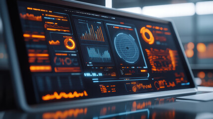 futuristic analytics dashboard with vibrant orange and blue digital displays showcases data visualizations and graphs on wide screen monitor, highlighting advanced technology