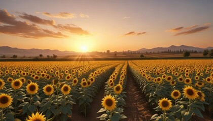 Obraz premium beautiful sunflower field at sunset golden hues , sunflowers, nature