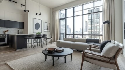 Modern Minimalist Living Room in Bright Urban Apartment Featuring Elegant Furniture, Natural Light, and a Cozy Atmosphere with City View