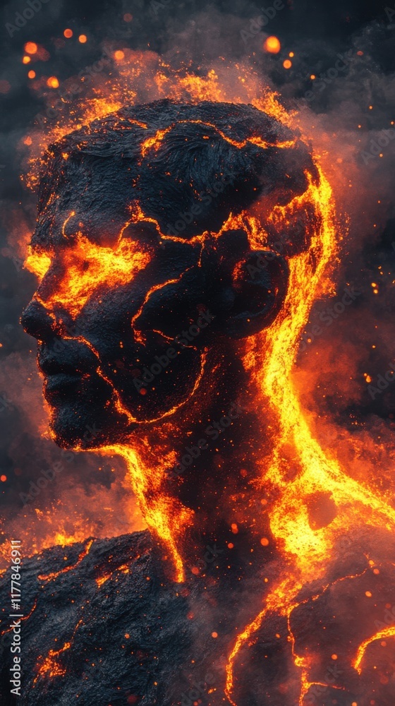 Poster surreal portrait of a glowing man with lava-like features during a mystical atmosphere at twilight