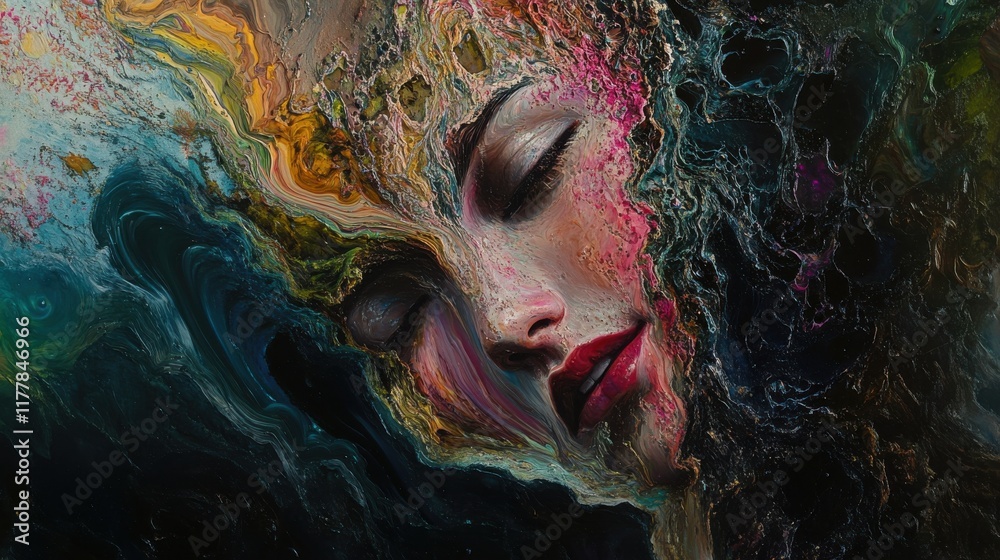 Poster Surreal model's face intricately woven into vibrant abstract patterns depicting a dreamlike reality