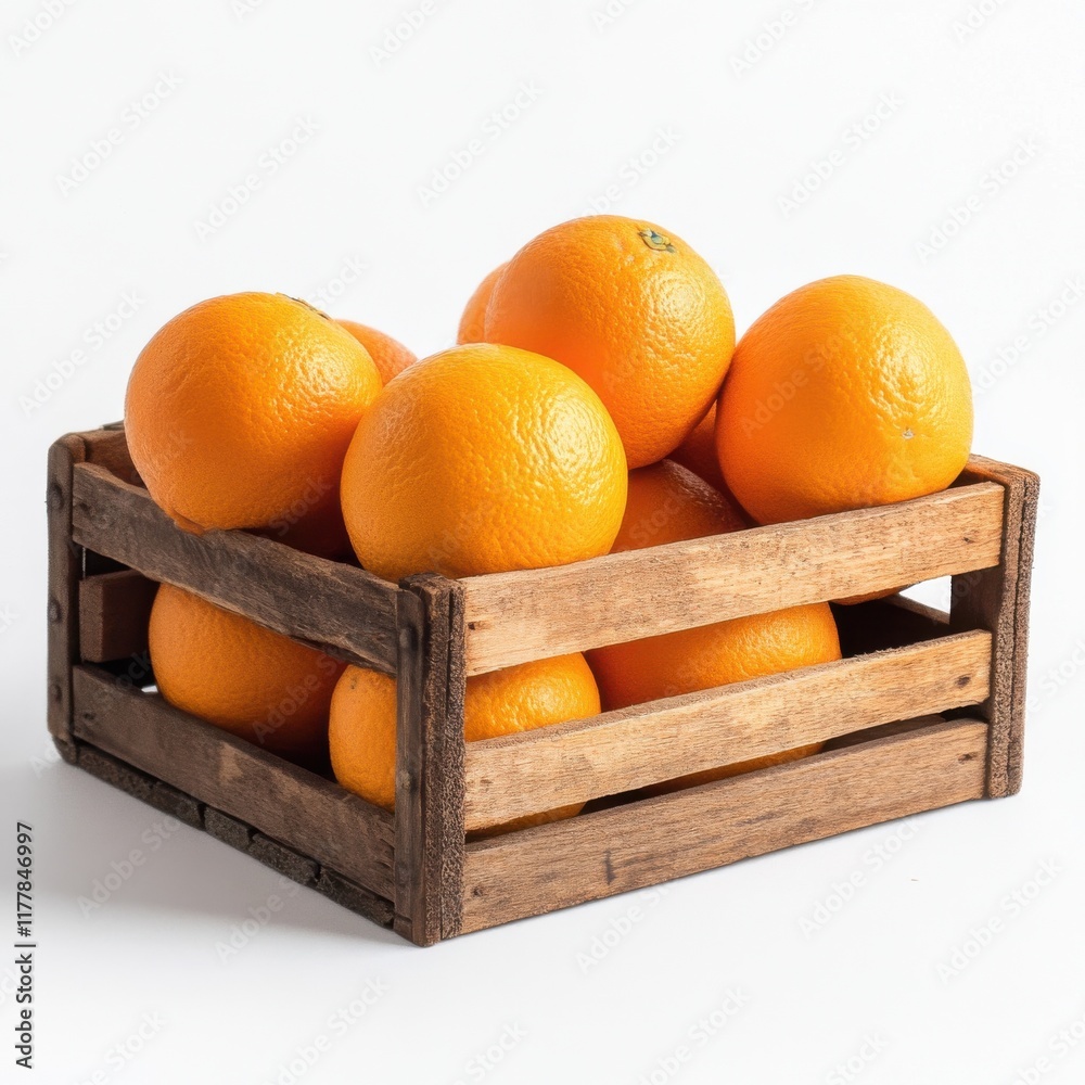 Poster Fresh oranges in a rustic wooden crate arranged neatly on a light background ready for a market display