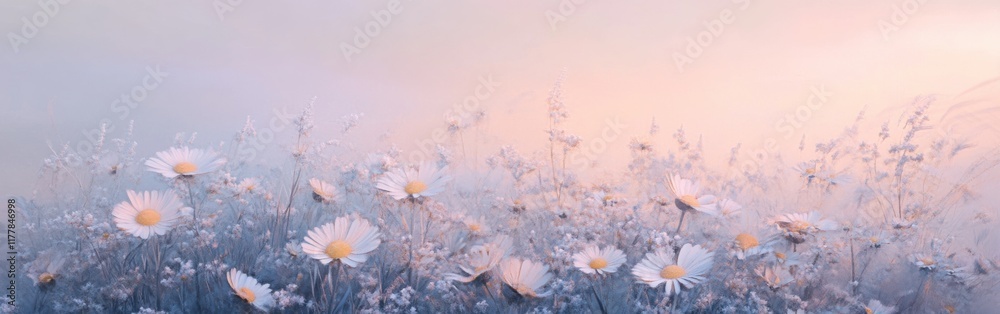 Poster pale purple daisies bloom softly in the warm light of dawn, creating a serene atmosphere in a tranqu