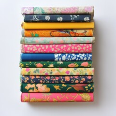 Colorful hardcover books stacked creatively showcasing vibrant designs and patterns in a decorative arrangement