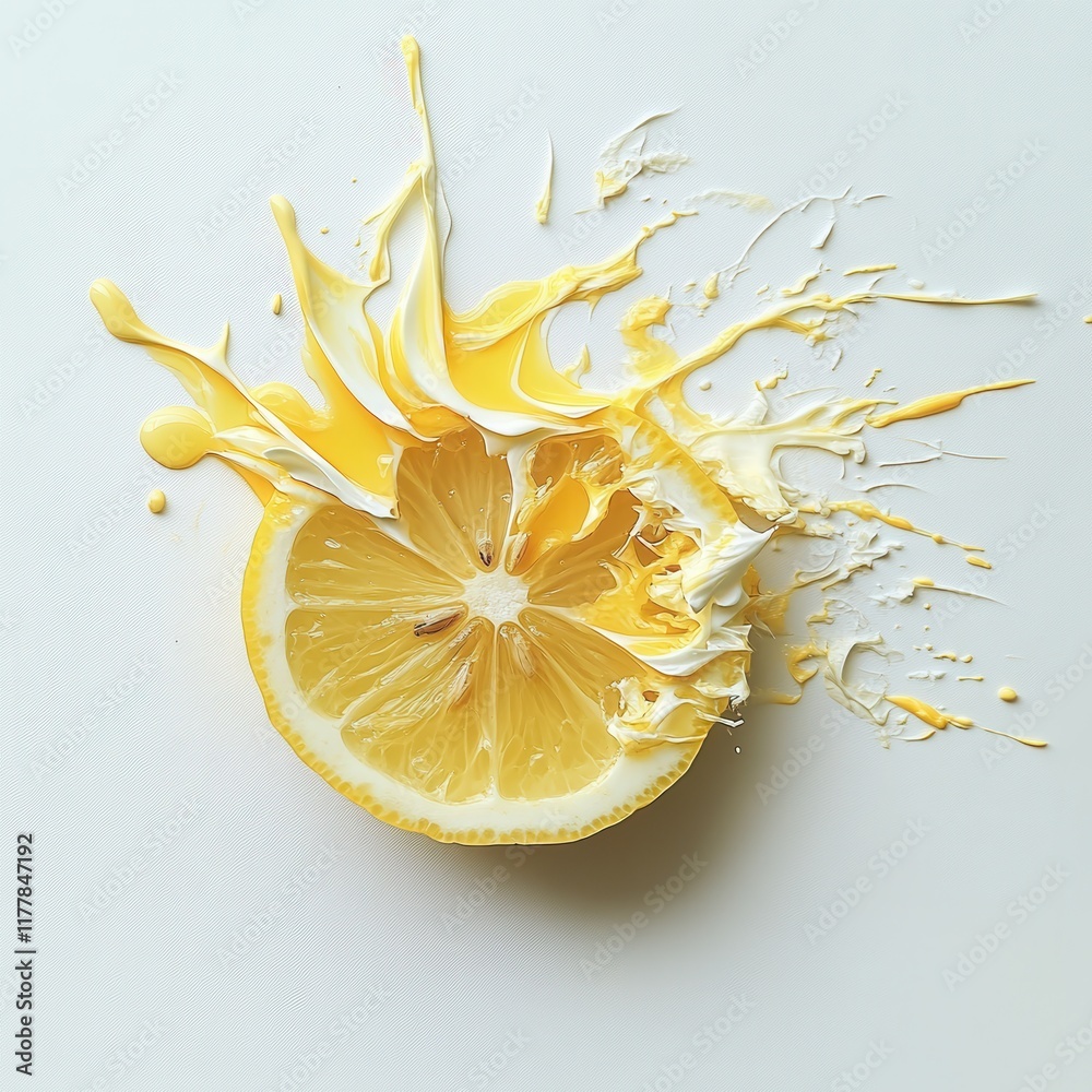Poster bright yellow lemon slice splashing vibrant citrus juice on a white background in a fresh, artistic 