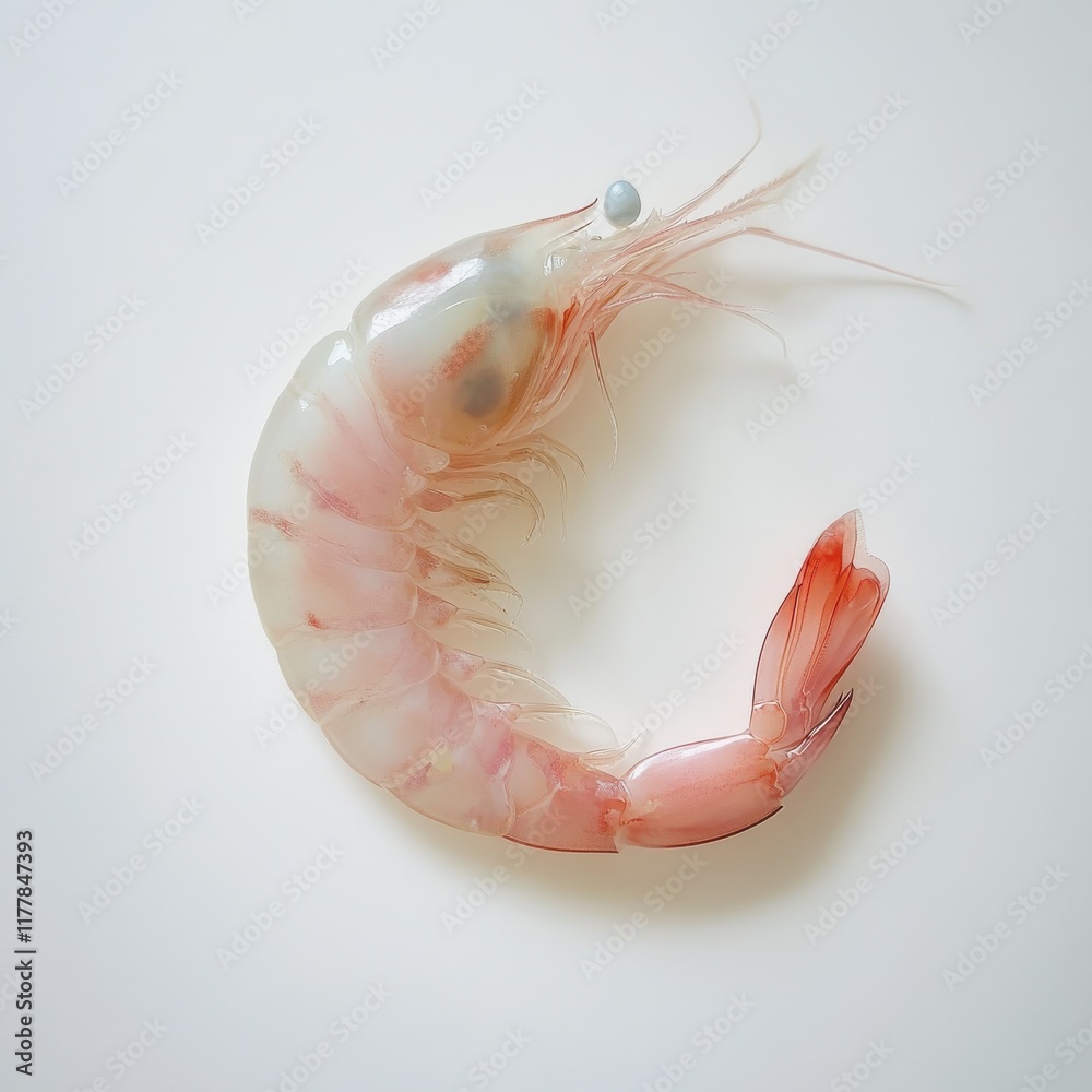 Poster Fresh translucent pink shrimp showcasing its delicate features on a clean surface ready for culinary preparation