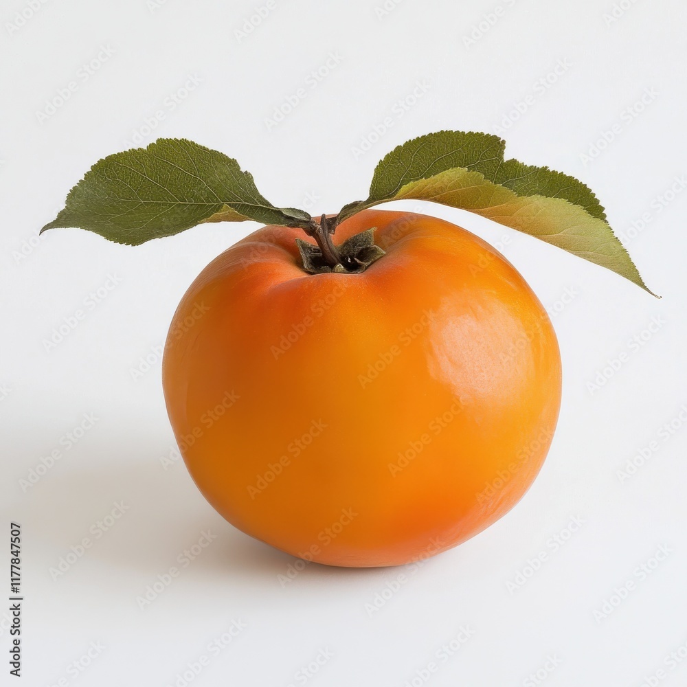Aufkleber fresh persimmon with smooth orange skin and green leaves on a white background ready for culinary us