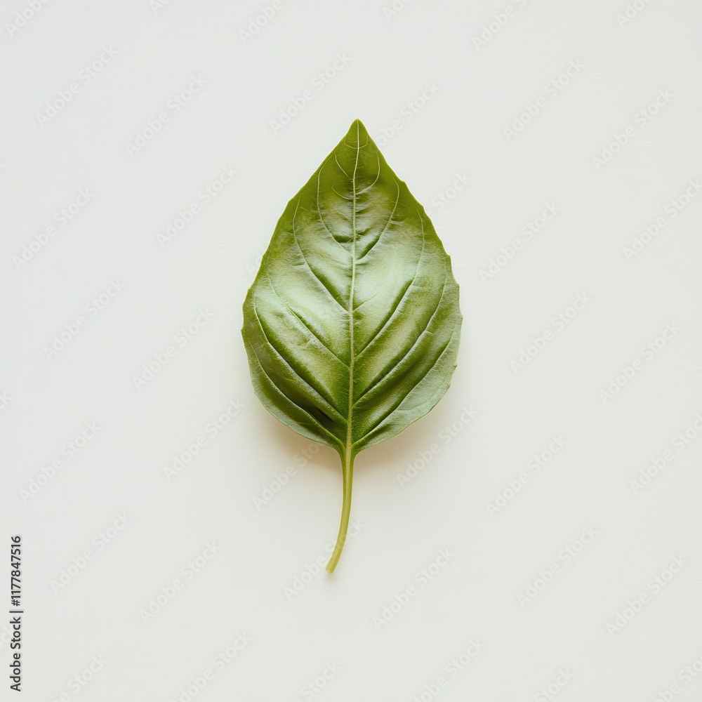 Poster fresh basil leaf showcasing vibrant green color and intricate vein structure on a light background