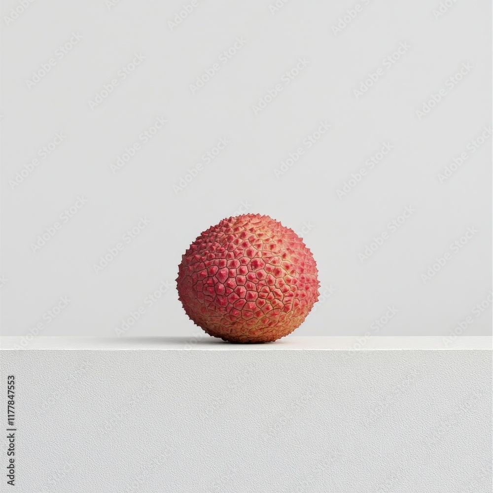 Poster fresh lychee with a rough pink-red skin resting on a minimalist surface in natural light during dayl