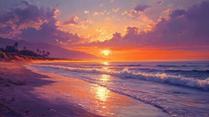Fototapeta premium Serene spring beach view at dusk with vibrant colors and gentle waves reflecting the sunset