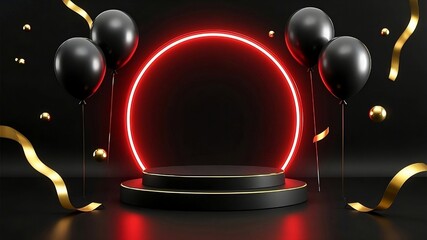 Black Friday sale with black podium and balloons and red circle frame and neon light effect and bokeh and gold ribbons on black background