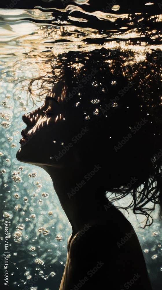 Poster portrait of a woman submerged underwater creating a serene atmosphere with mesmerizing bubbles and l