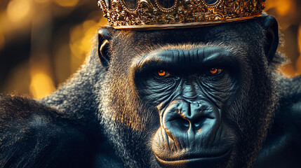 Closeup portrait of gorilla face, king kong animal wearing a crown, strong primate beast, proud, strength, power.