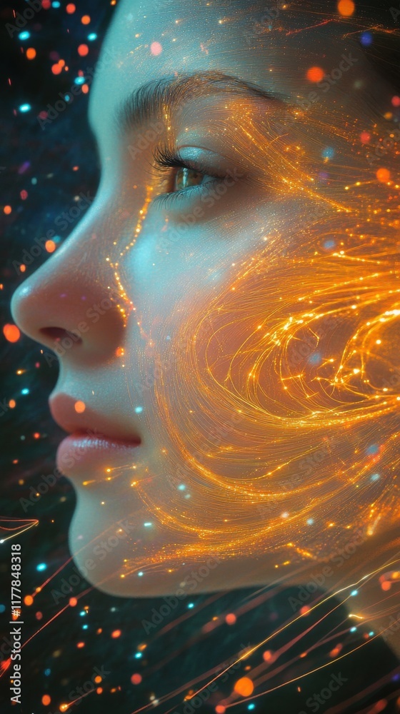 Poster serene woman's face blending with vibrant colors and swirling patterns in an ethereal backdrop