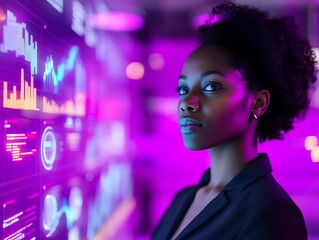 Smart intelligent and self confident black female Business analyst viewing financial market data on a dashboard on screen  