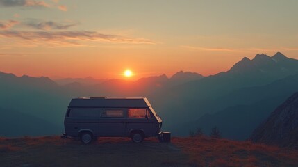 Serene Sunset Over Mountains with Vintage Camper Van Parked in Tranquil Landscape, Evoking Adventure and Freedom in Nature's Embrace