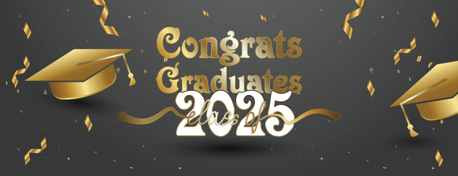 Senior Class Of 2025 Invitation Card Template. Congratulations on Graduation 2025 with Academic Cap. Congratulations graduate greeting ceremony background design
