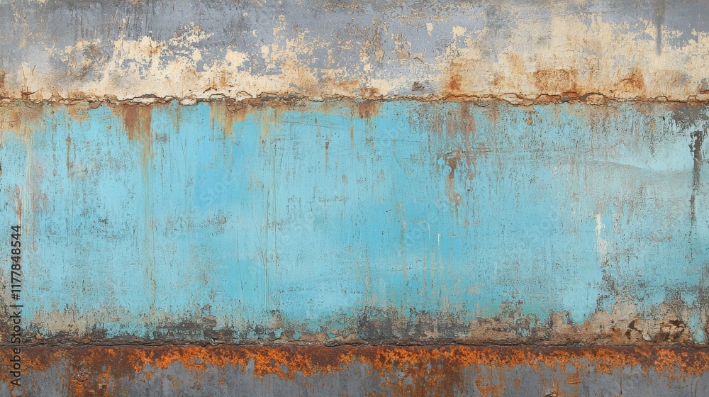 Poster scratched and aged steel texture with fading turquoise and rust accents in abstract industrial desig