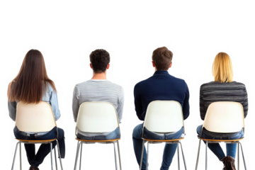 Back view of four seated individuals, two men and two women, on modern chairs on a clean white background. Concept of teamwork or audience 

