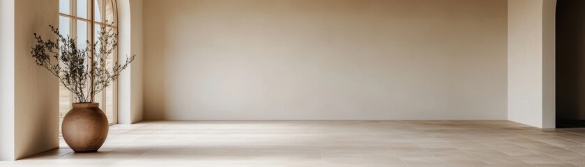 A minimalist interior featuring a light, neutral-toned wall, hardwood floor, and a potted plant in a simple vase, emphasizing tranquility and spaciousness.