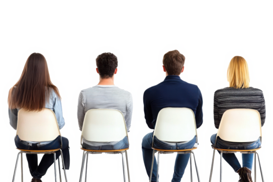 Back view of four seated individuals, two men and two women, on modern chairs on a clean white background. Concept of teamwork or audience 
