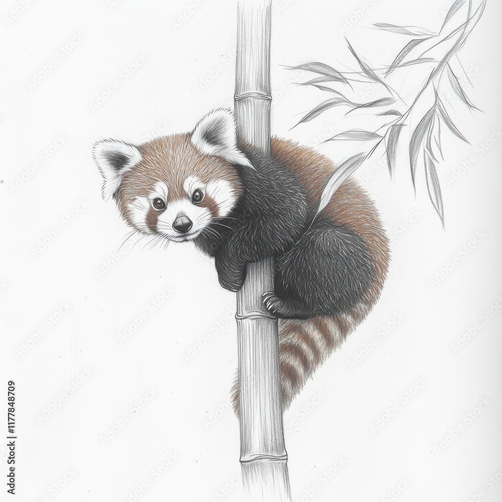Poster fluffy red panda skillfully climbing a tall bamboo stalk in a serene natural setting
