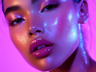 high-concept close-up of a model with olive-toned porcelain skin