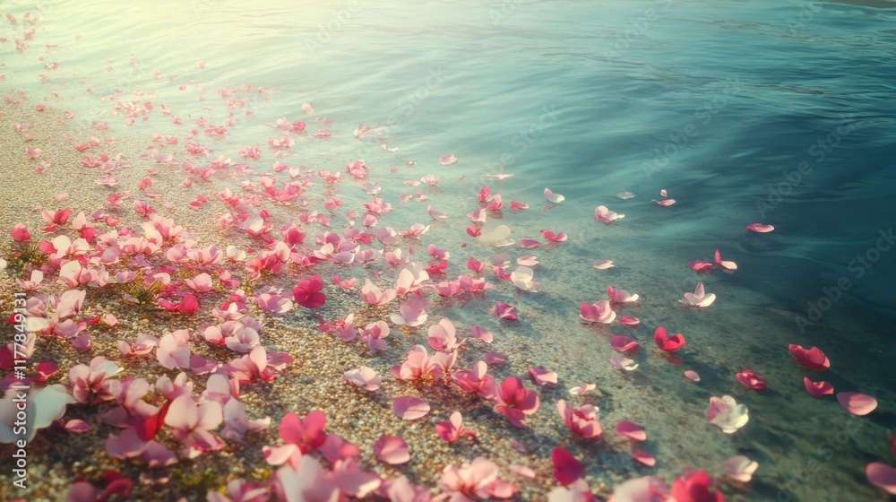 Poster serene shoreline with pink petals gently resting on the water in a tranquil beach setting during gol