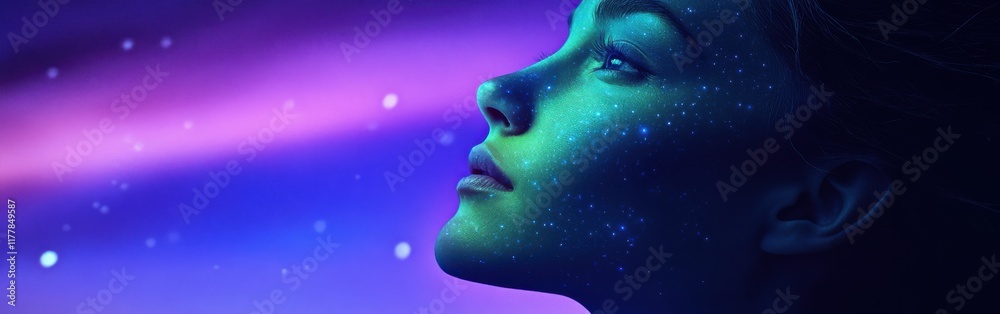 Aufkleber mystical visualization of a woman's face amidst cosmic colors and starry patterns