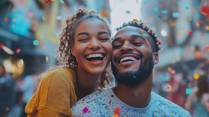 Obraz premium Couple laughs joyfully under a vibrant cascade of confetti during a festive celebration in the heart of the city