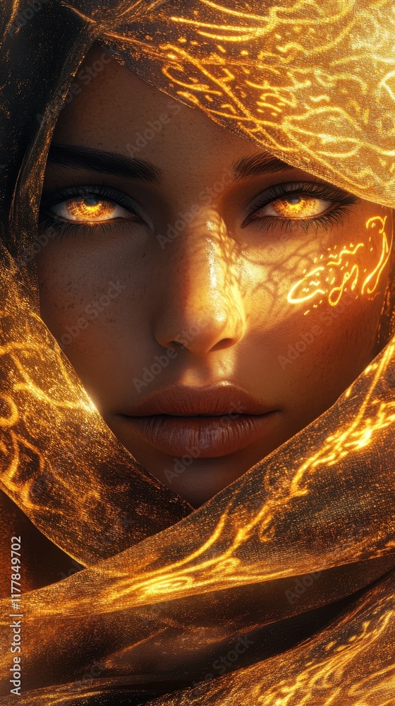 Aufkleber mystical visualization capturing the enchanting essence of a woman's face with glowing golden detail