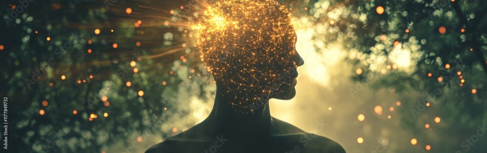 Leinwandbilder mystical silhouette of a man surrounded by shimmering light in an enchanted forest setting at twilig
