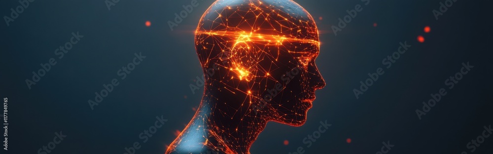 Poster mystical profile of a man's head illuminated by glowing connections representing thoughts and ideas