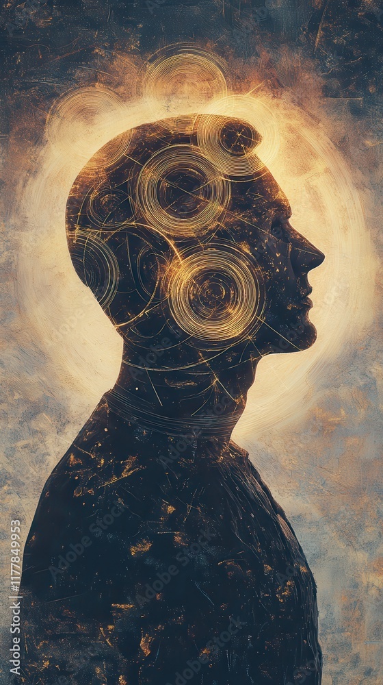 Aufkleber mystical profile of a man filled with cosmic patterns and energy emanating from his mind