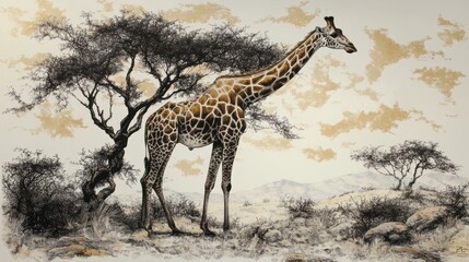 Majestic Giraffe in the African Savanna: A Serene Landscape