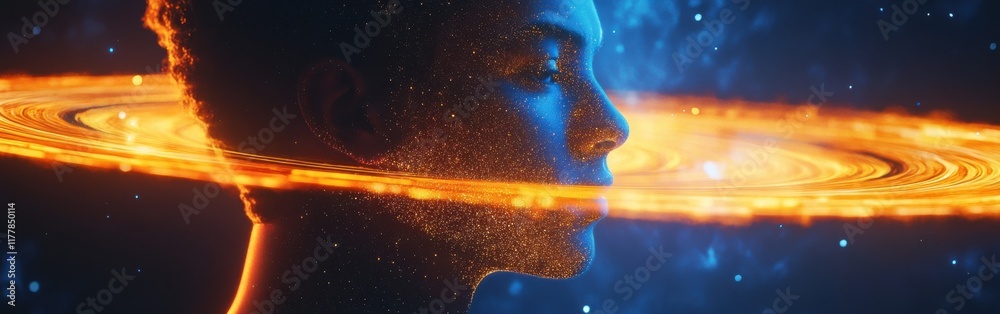 Aufkleber mystical profile of a man filled with cosmic colors and ethereal rings in a starry backdrop