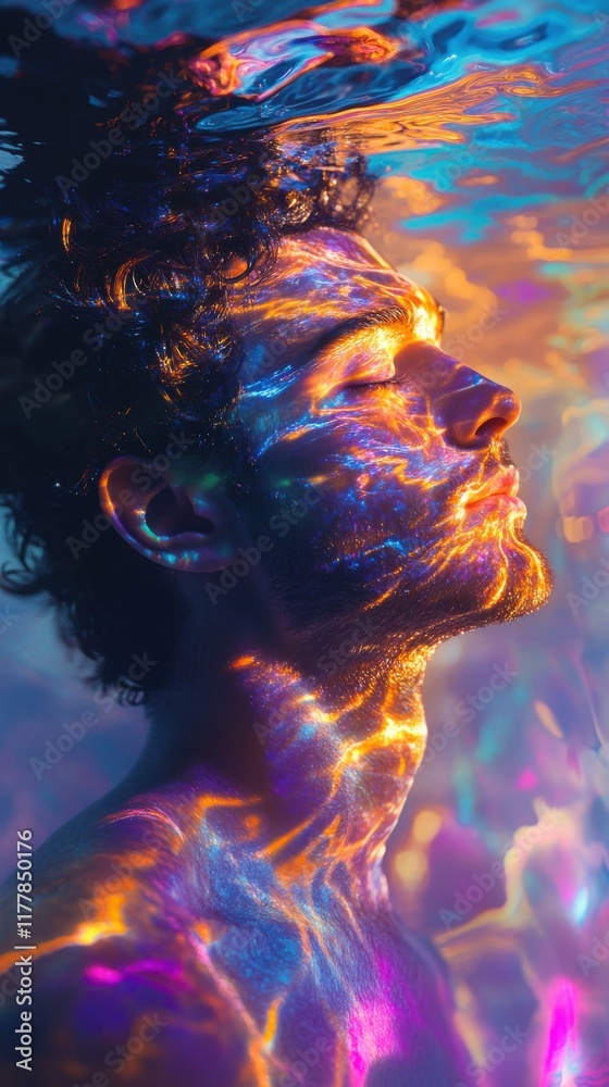 Aufkleber mystical profile of a man illuminated by vibrant colors, capturing a moment of introspection and ser