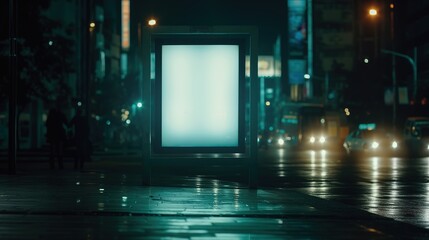 Urban Nightscene with Empty Billboard and Bus Stop, Depicting Modern City Silence and Opportunity