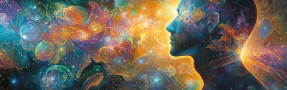 Mystical profile of a man filled with cosmic wonders and vibrant colors depicting the universe's beauty